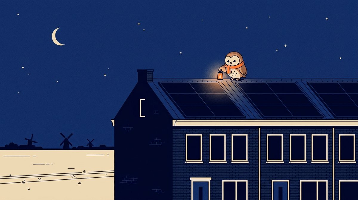 Een uil met een oranje sjaal zit 's nachts wakker op een dak met zonnepanelen terwijl de straat slaapt